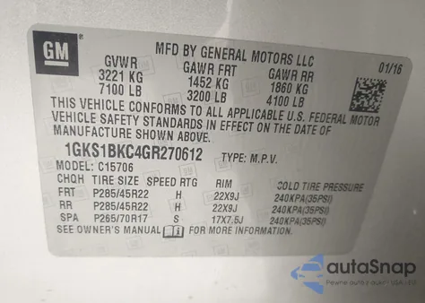 2016 GMC Yukon Slt z USA, uszkodzony, nr VIN 1GKS1BKC4GR270612